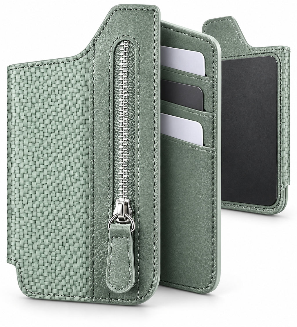 Self-Adhesive Phone Wallet Card Holder with Zipper Pocket & Foldable Stand