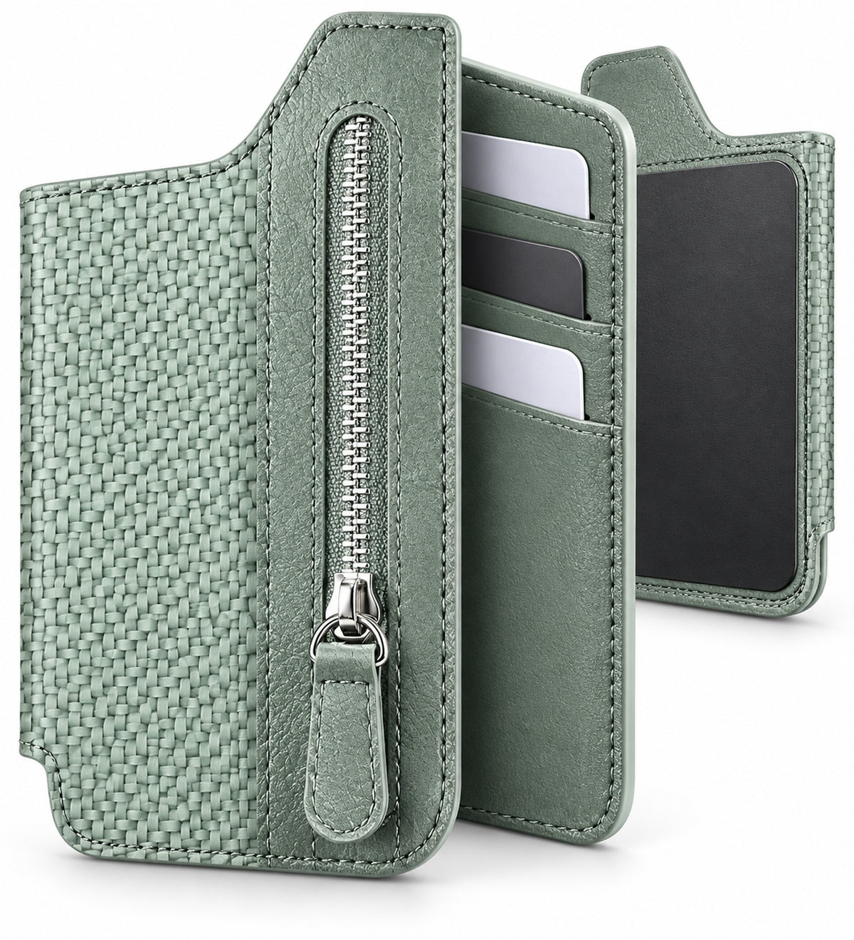 Self-Adhesive Phone Wallet Card Holder with Zipper Pocket & Foldable Stand