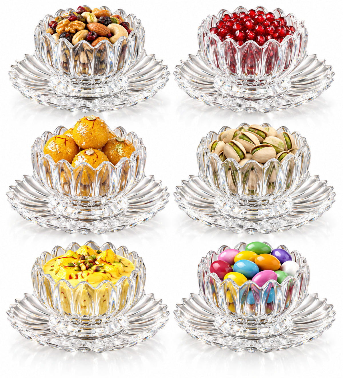 Lotus Design Glass Serving Bowl with Decorative Plate for Dry Fruits & Snacks