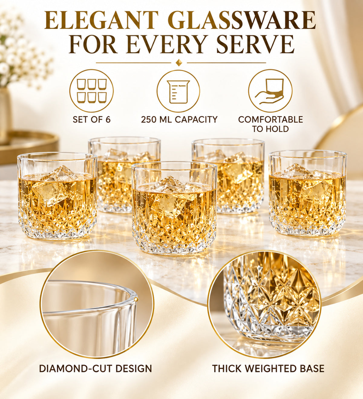 Diamond-Cut Drinking Glasses Set of 6 - 250 ML Each