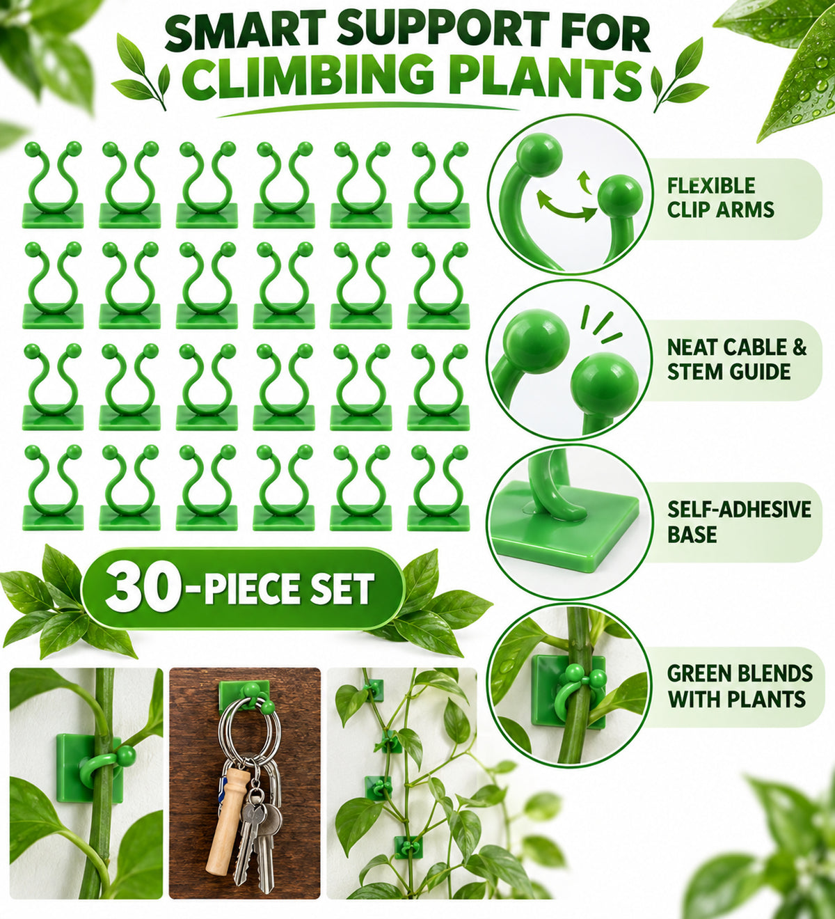 30-Piece Self-Adhesive Climbing Plant Support Clips with Flexible Arms - Green