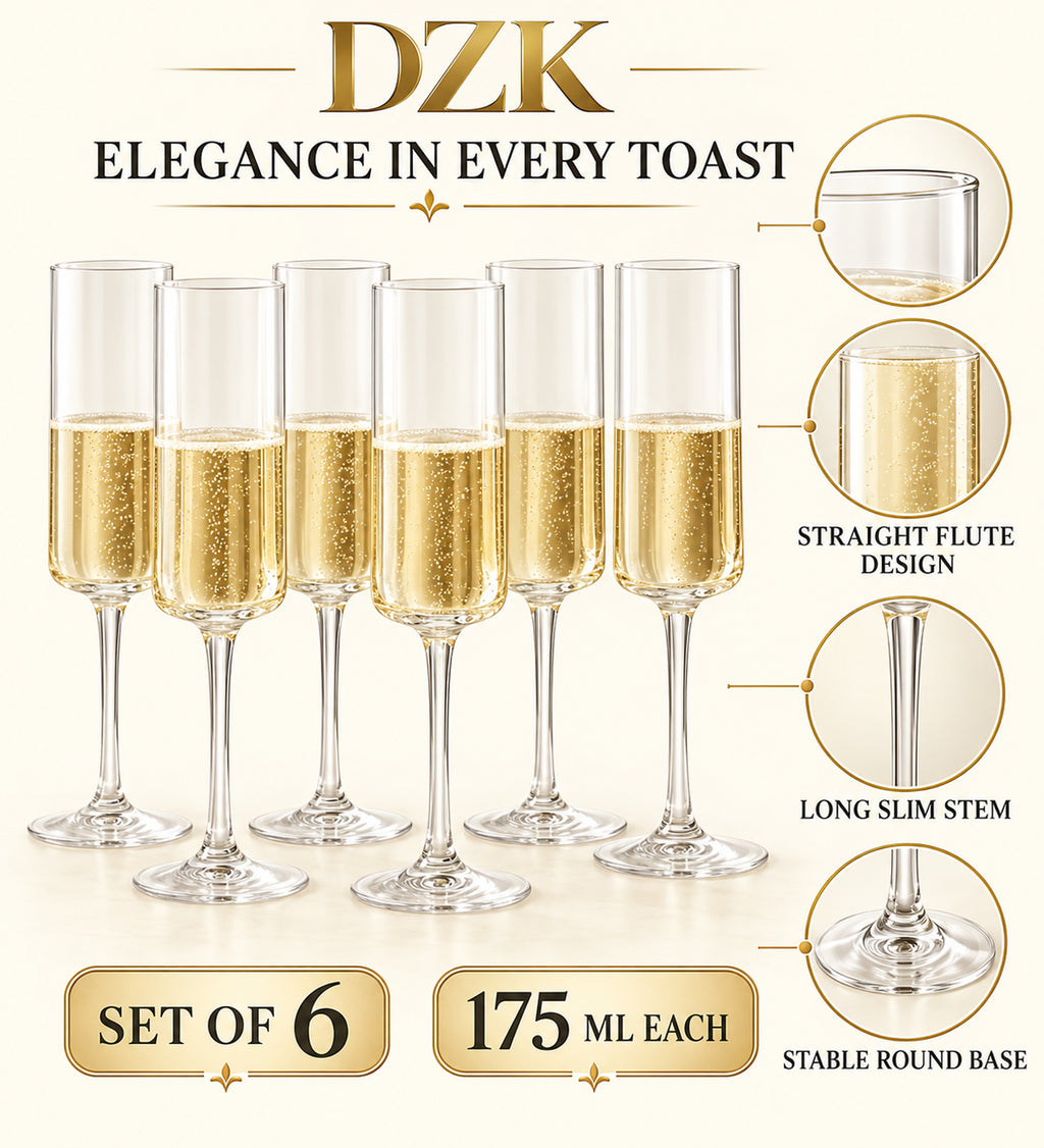 DZK Champagne Flute Glasses Set of 6 - 175 ML Each