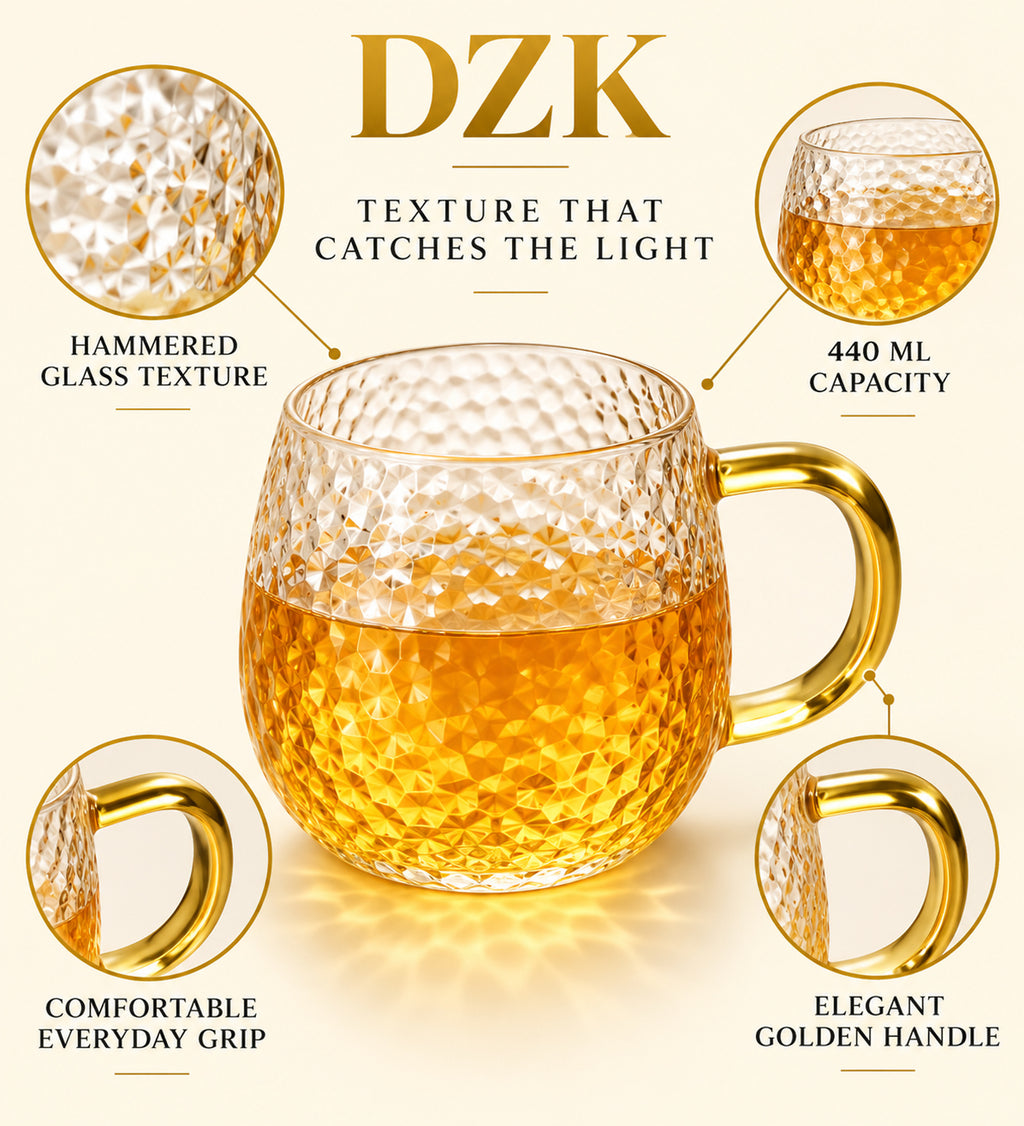 DZK 440 ML Hammered Glass Mug with Elegant Golden Handle