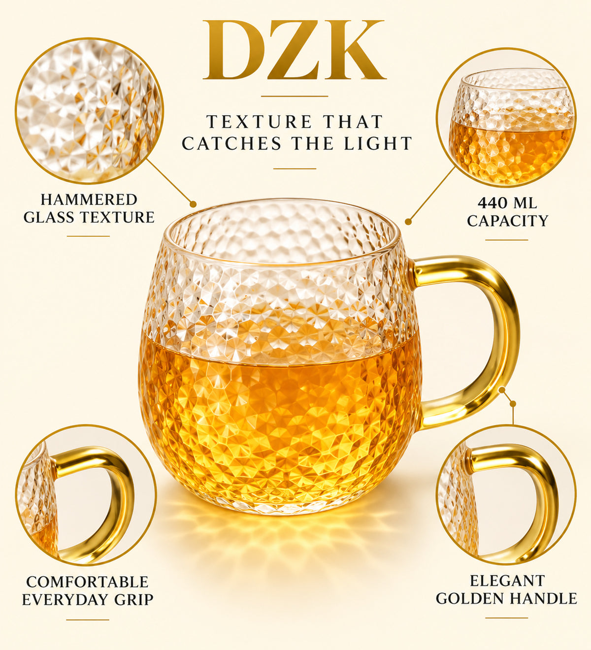 DZK 440 ML Hammered Glass Mug with Elegant Golden Handle