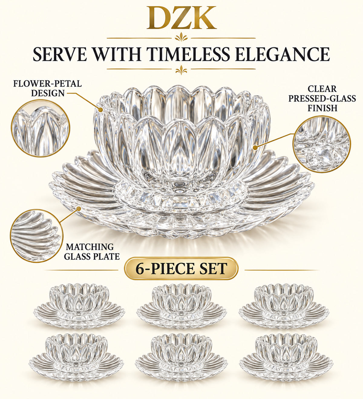 Lotus Design Glass Serving Bowl with Decorative Plate for Dry Fruits & Snacks
