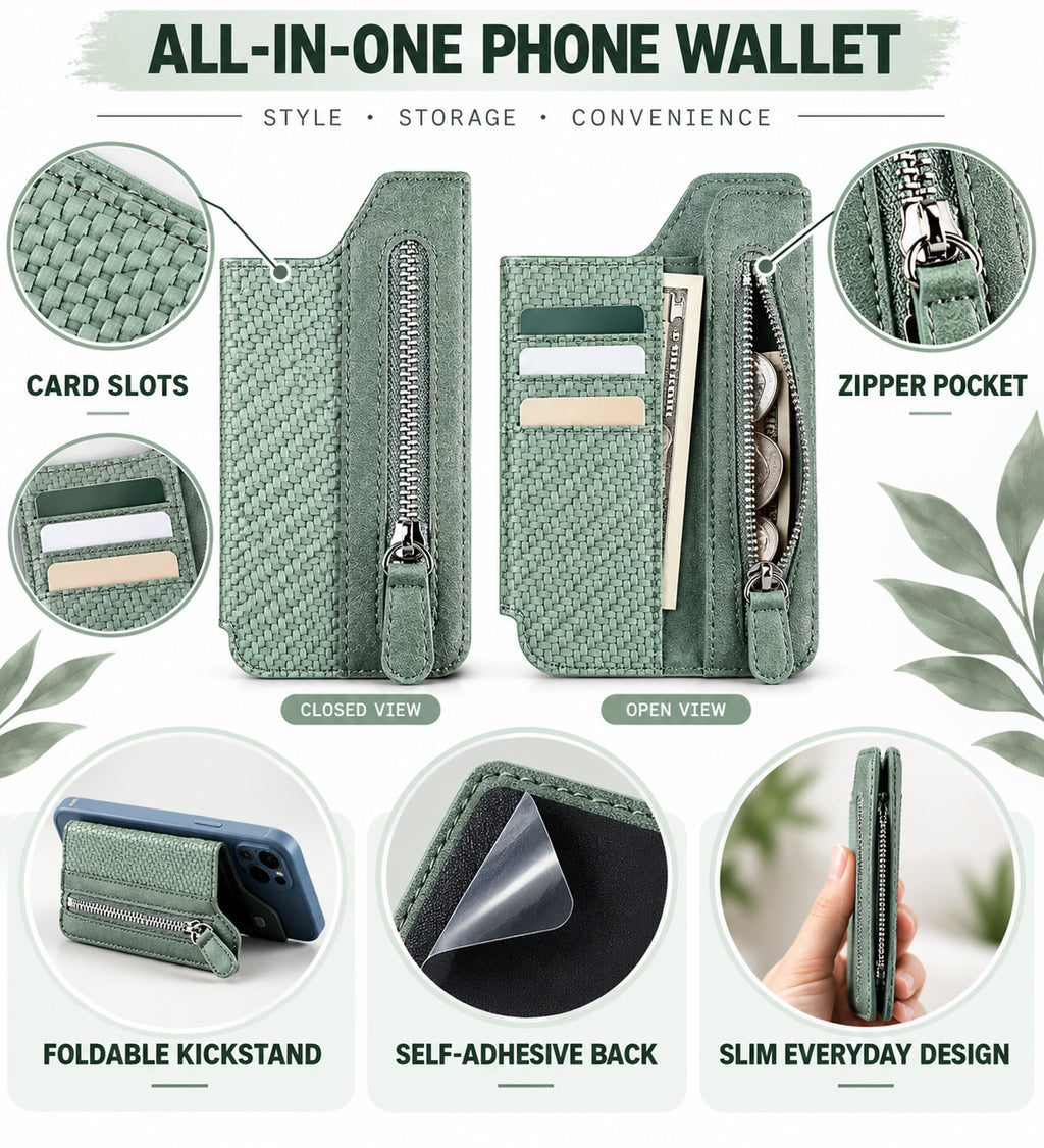Self-Adhesive Phone Wallet Card Holder with Zipper Pocket & Foldable Stand