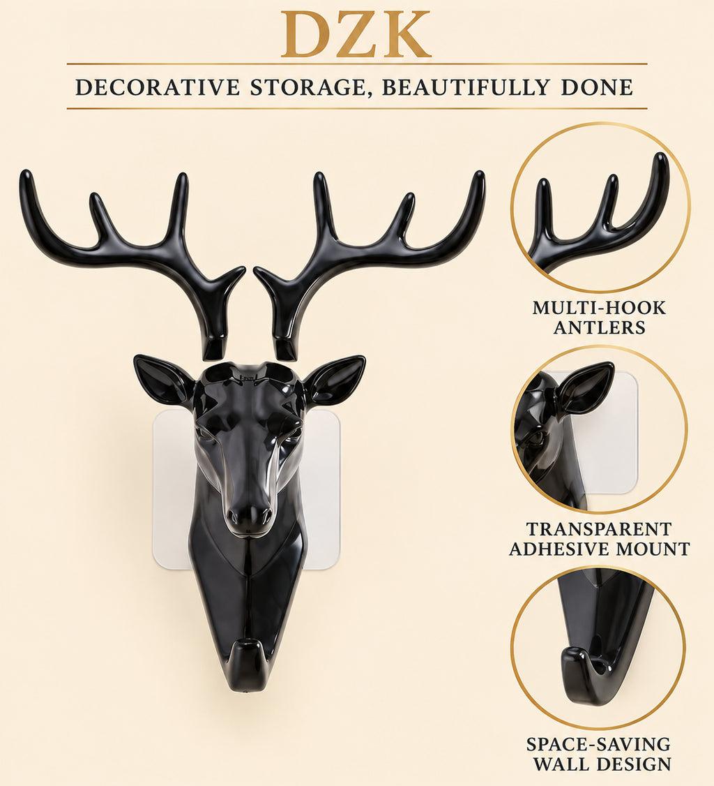 DZK Deer Head Multi-Hook Wall Hanger with Self-Adhesive Mount - Black