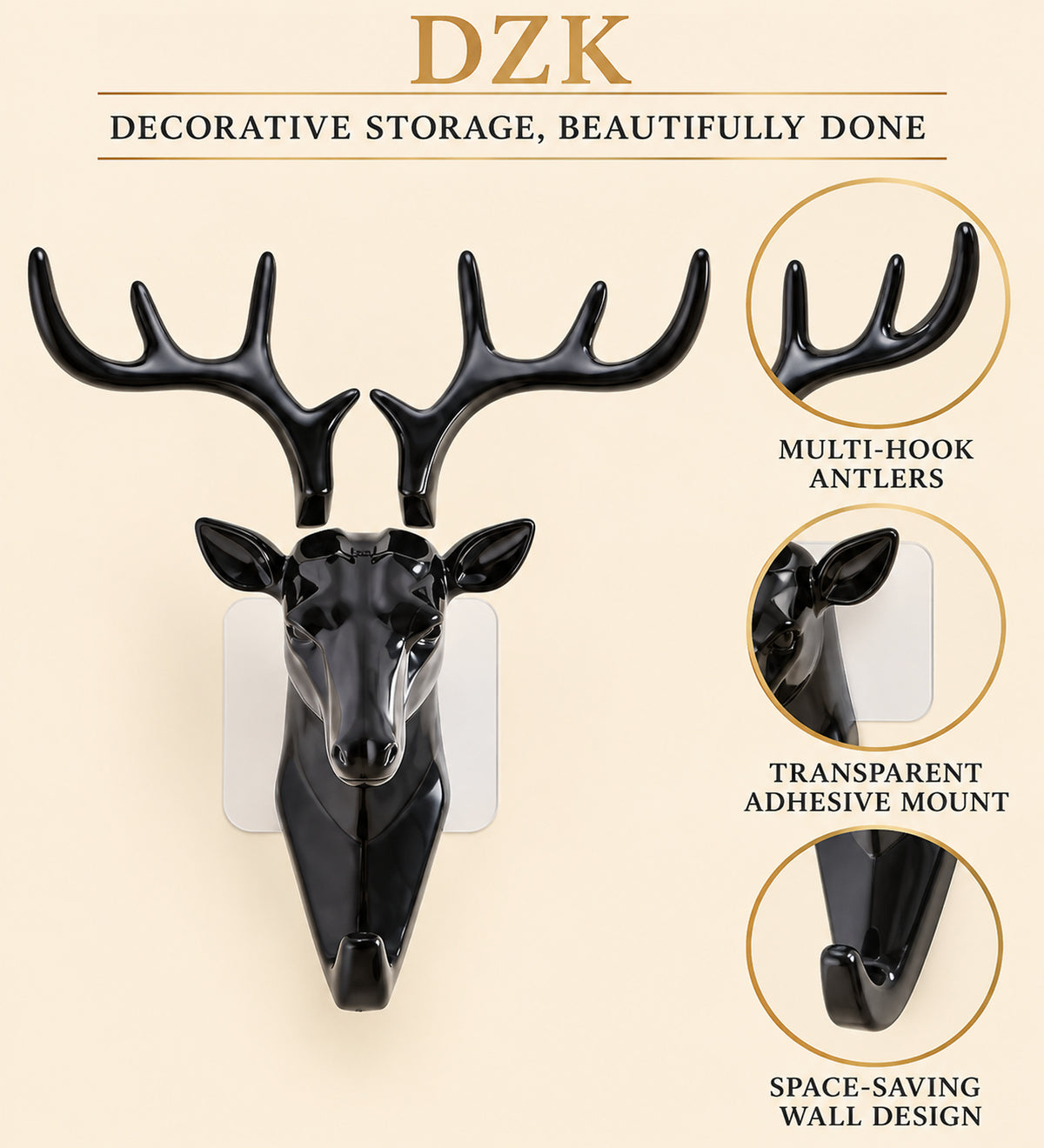 DZK Deer Head Multi-Hook Wall Hanger with Self-Adhesive Mount - Black
