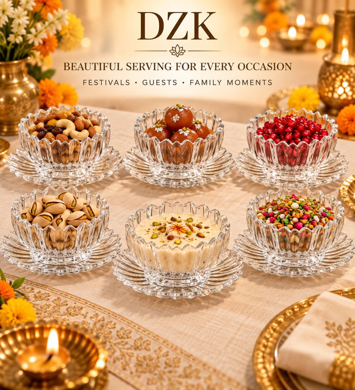 Lotus Design Glass Serving Bowl with Decorative Plate for Dry Fruits & Snacks