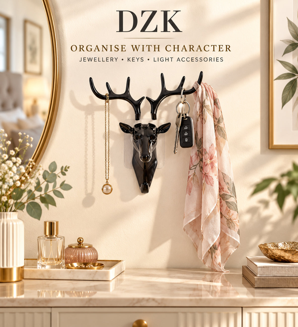 DZK Deer Head Multi-Hook Wall Hanger with Self-Adhesive Mount - Black
