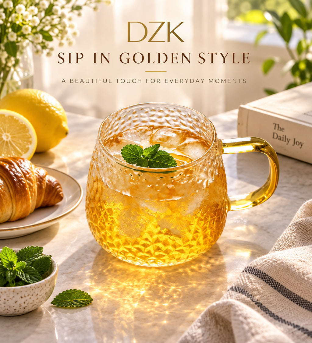DZK 440 ML Hammered Glass Mug with Elegant Golden Handle