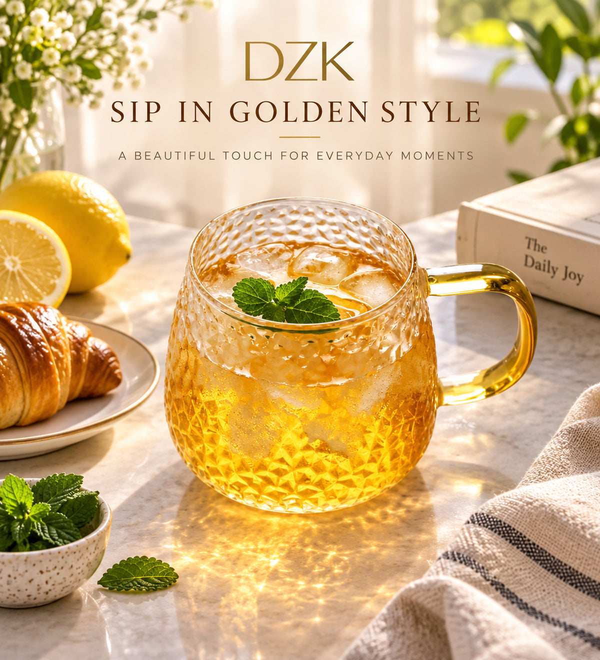 DZK 440 ML Hammered Glass Mug with Elegant Golden Handle