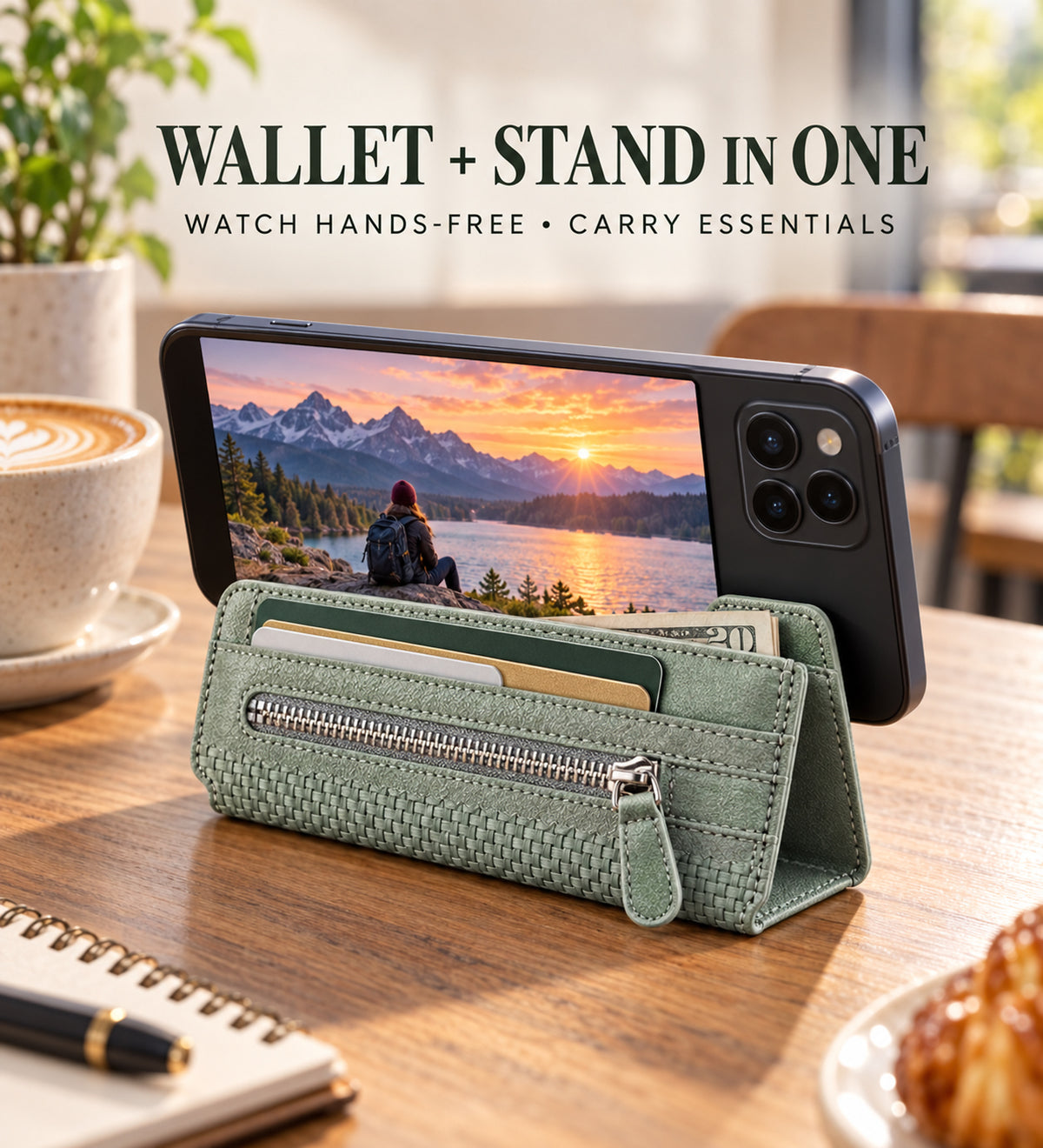 Self-Adhesive Phone Wallet Card Holder with Zipper Pocket & Foldable Stand