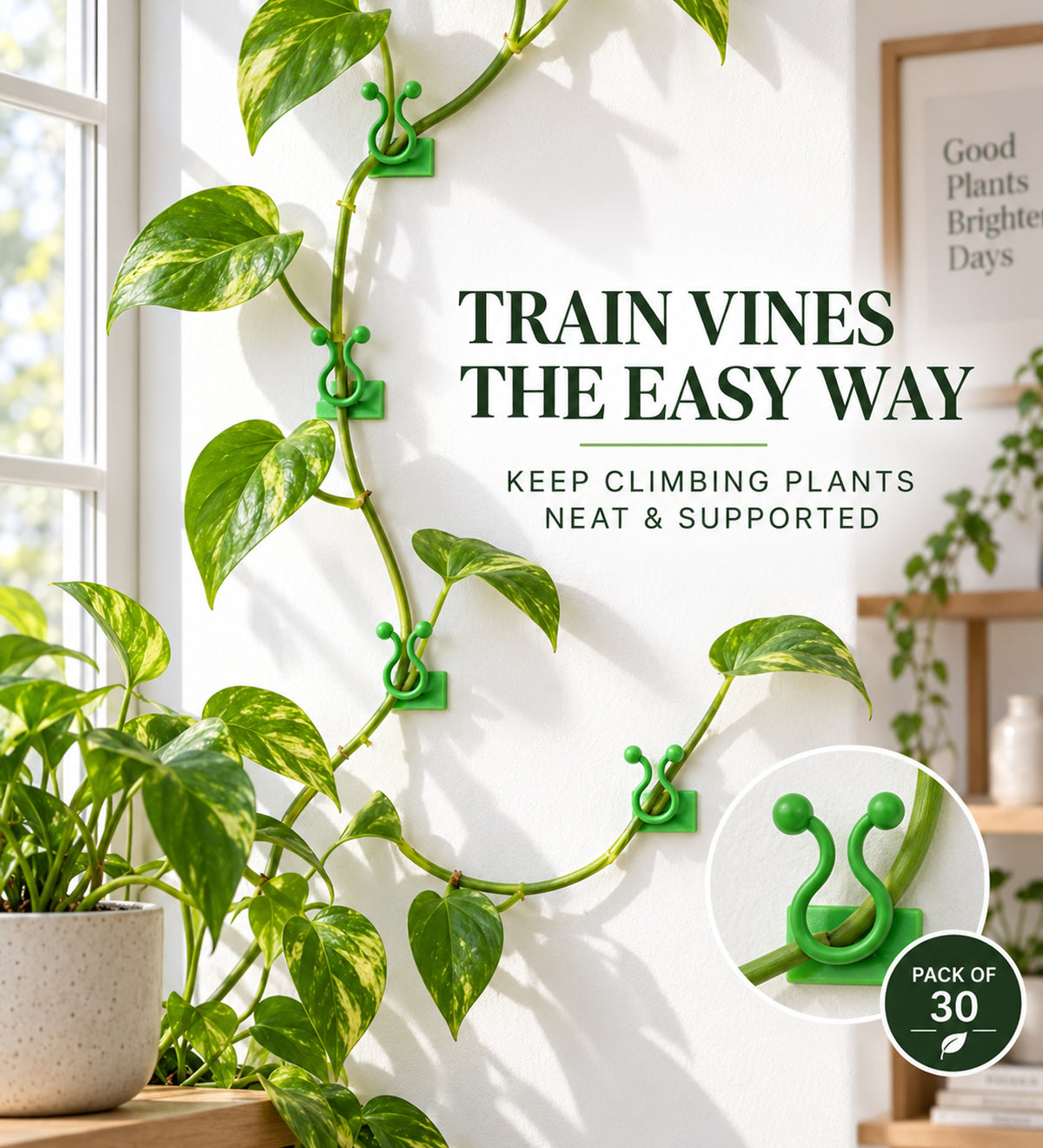 30-Piece Self-Adhesive Climbing Plant Support Clips with Flexible Arms - Green