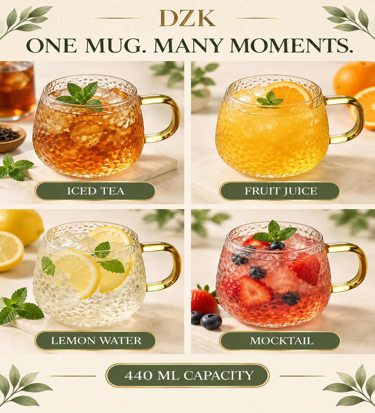 DZK 440 ML Hammered Glass Mug with Elegant Golden Handle