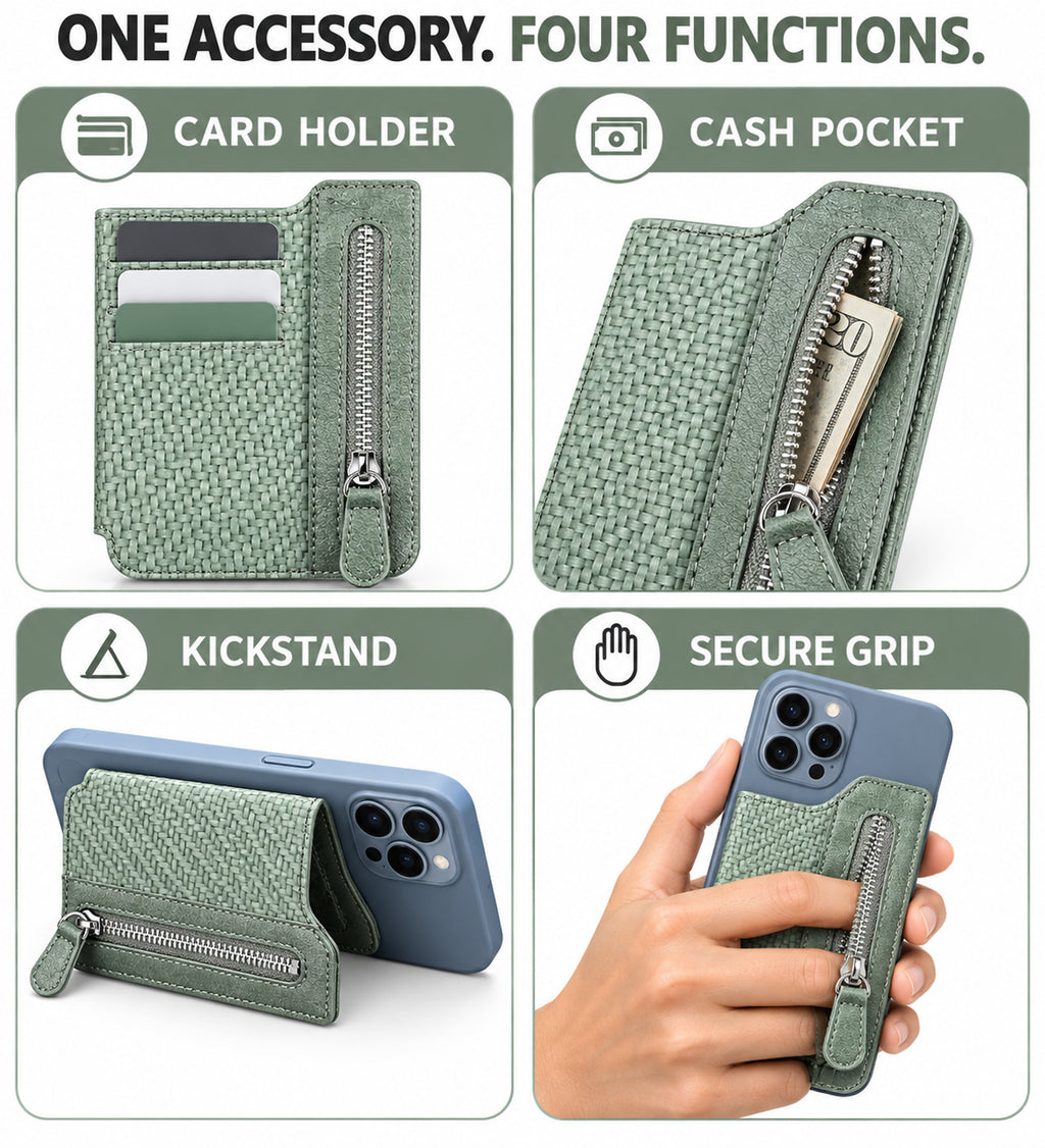 Self-Adhesive Phone Wallet Card Holder with Zipper Pocket & Foldable Stand