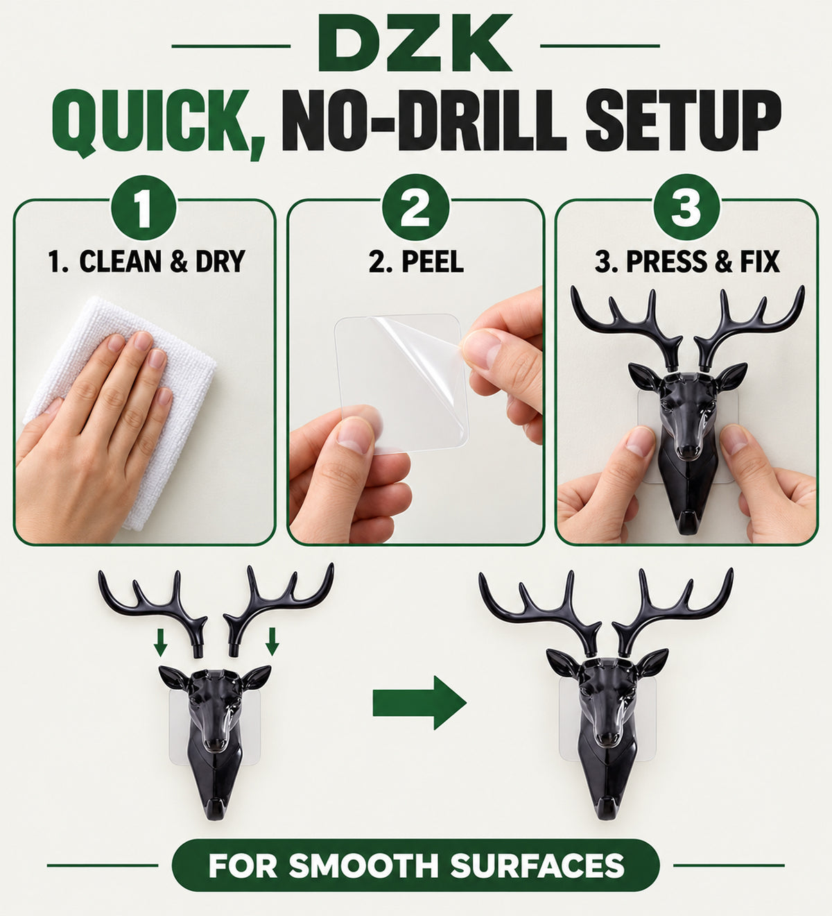 DZK Deer Head Multi-Hook Wall Hanger with Self-Adhesive Mount - Black