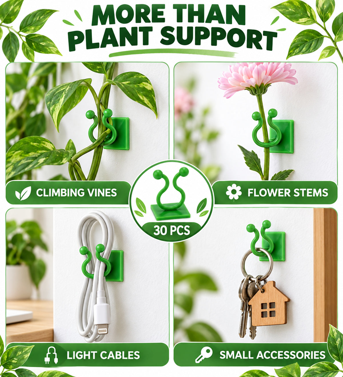 30-Piece Self-Adhesive Climbing Plant Support Clips with Flexible Arms - Green