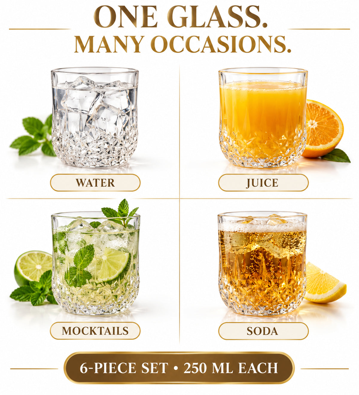 Diamond-Cut Drinking Glasses Set of 6 - 250 ML Each