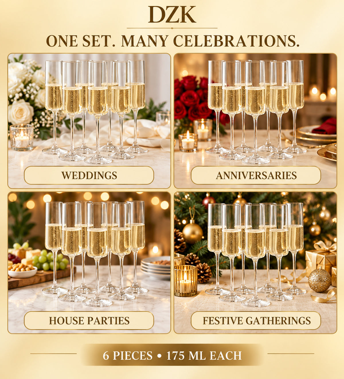 DZK Champagne Flute Glasses Set of 6 - 175 ML Each
