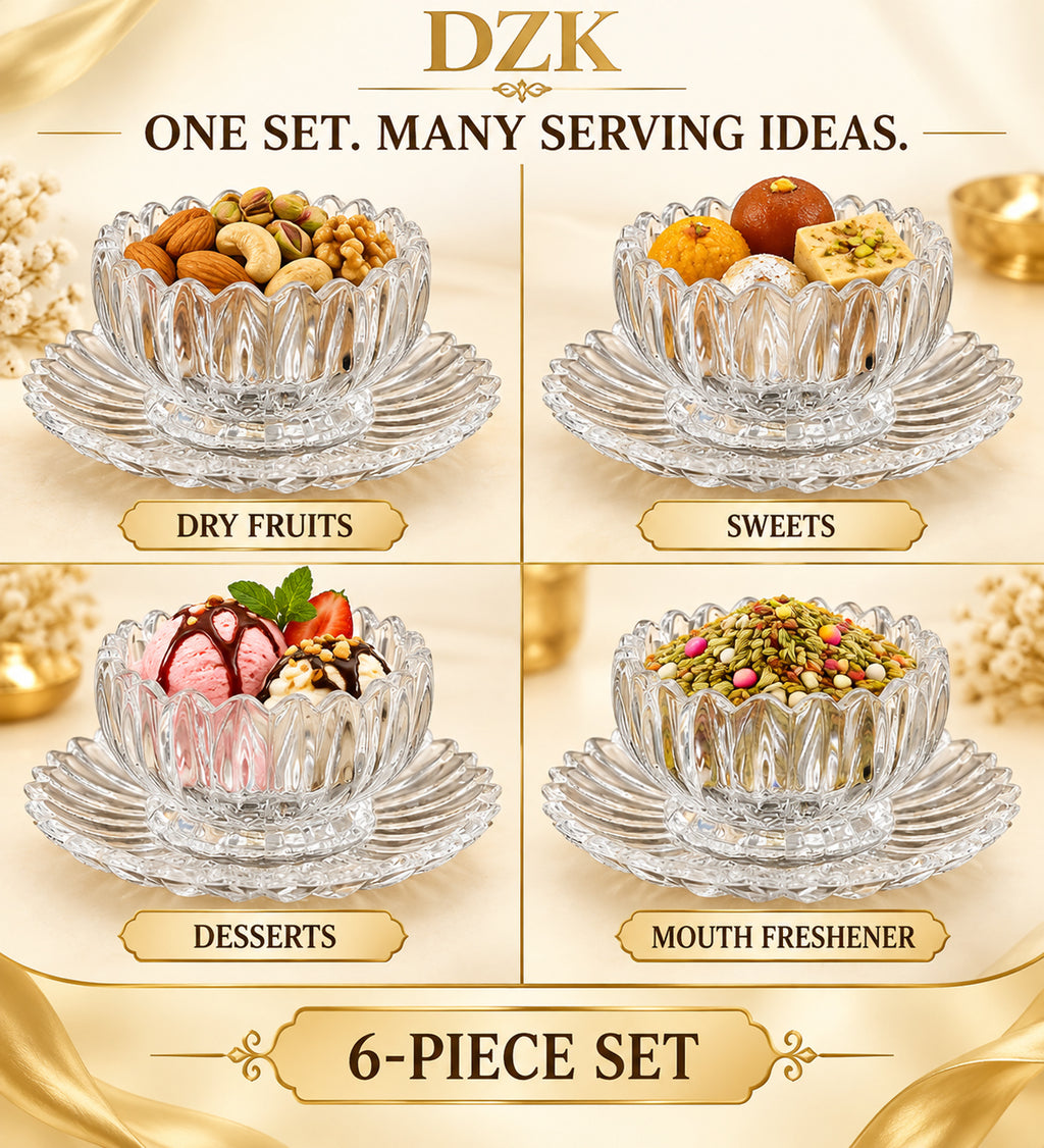 Lotus Design Glass Serving Bowl with Decorative Plate for Dry Fruits & Snacks