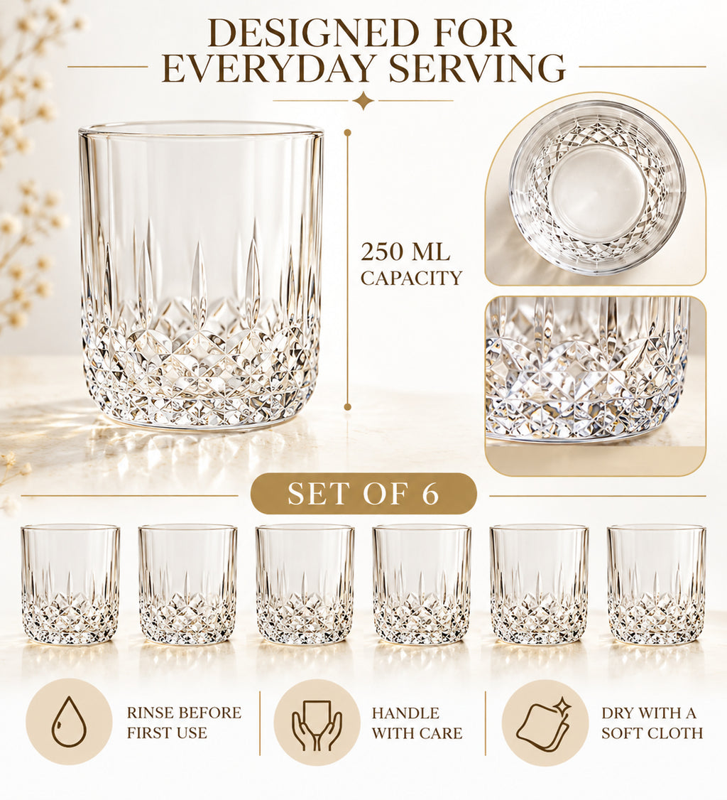 Diamond-Cut Drinking Glasses Set of 6 - 250 ML Each