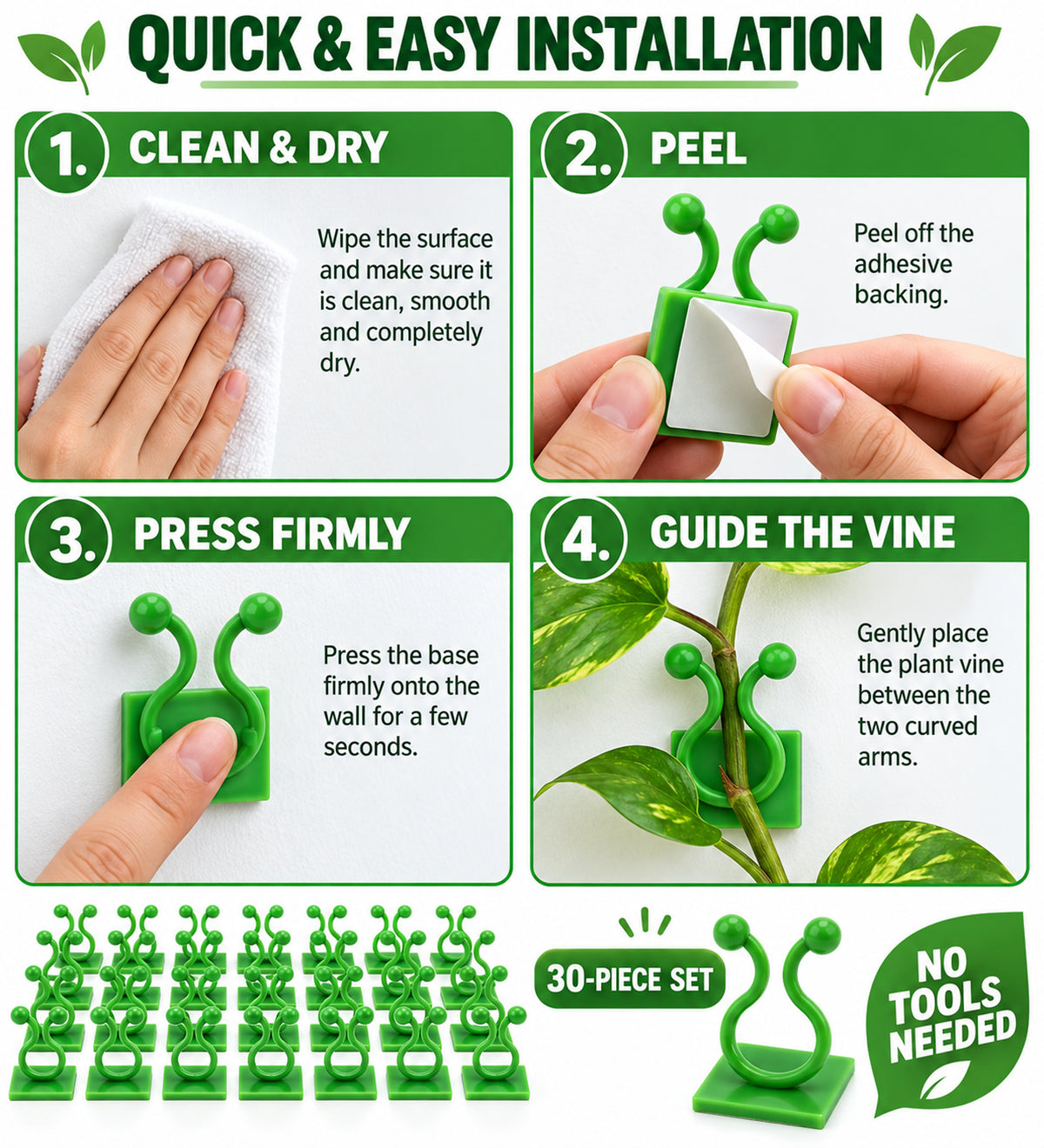 30-Piece Self-Adhesive Climbing Plant Support Clips with Flexible Arms - Green