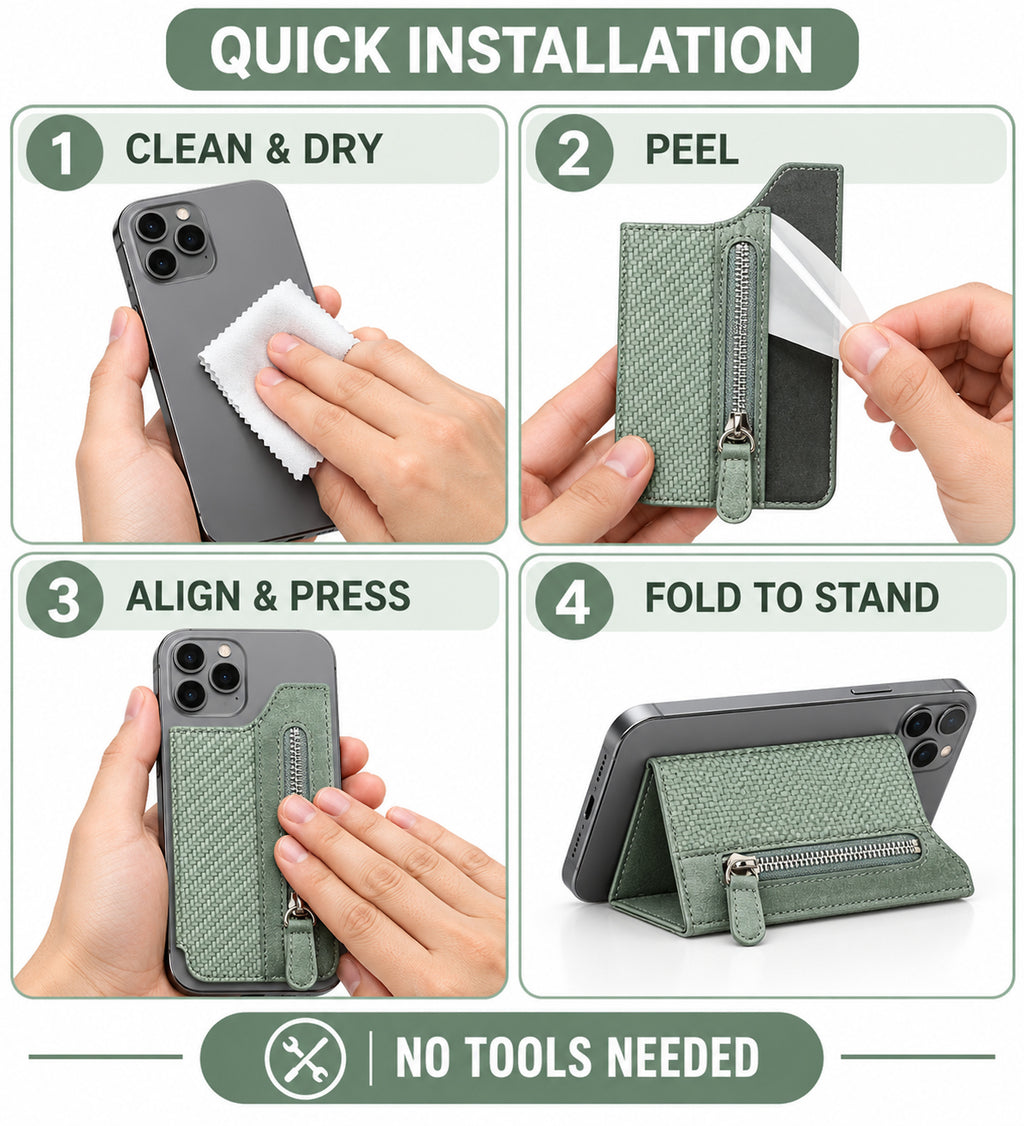 Self-Adhesive Phone Wallet Card Holder with Zipper Pocket & Foldable Stand