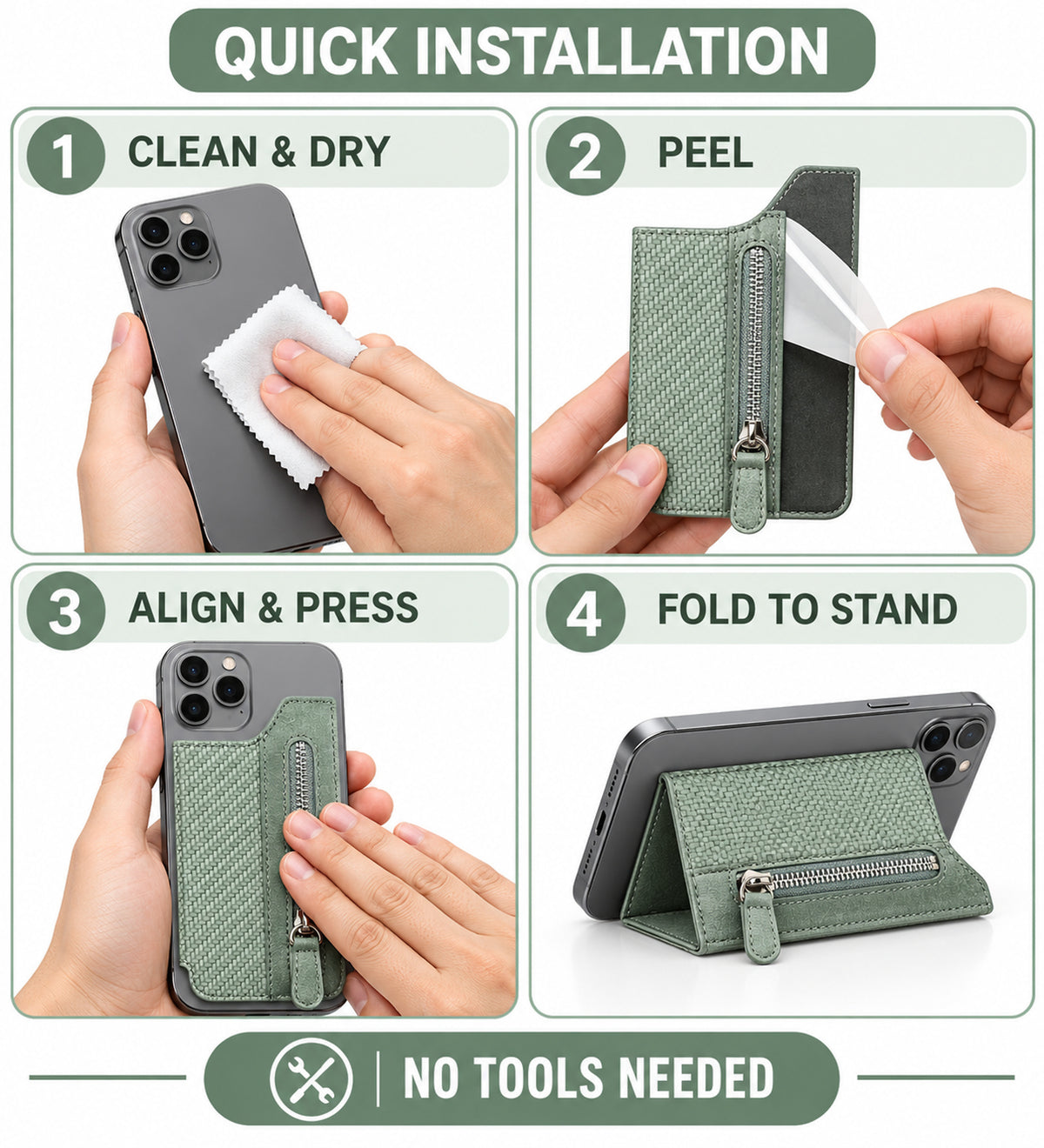 Self-Adhesive Phone Wallet Card Holder with Zipper Pocket & Foldable Stand