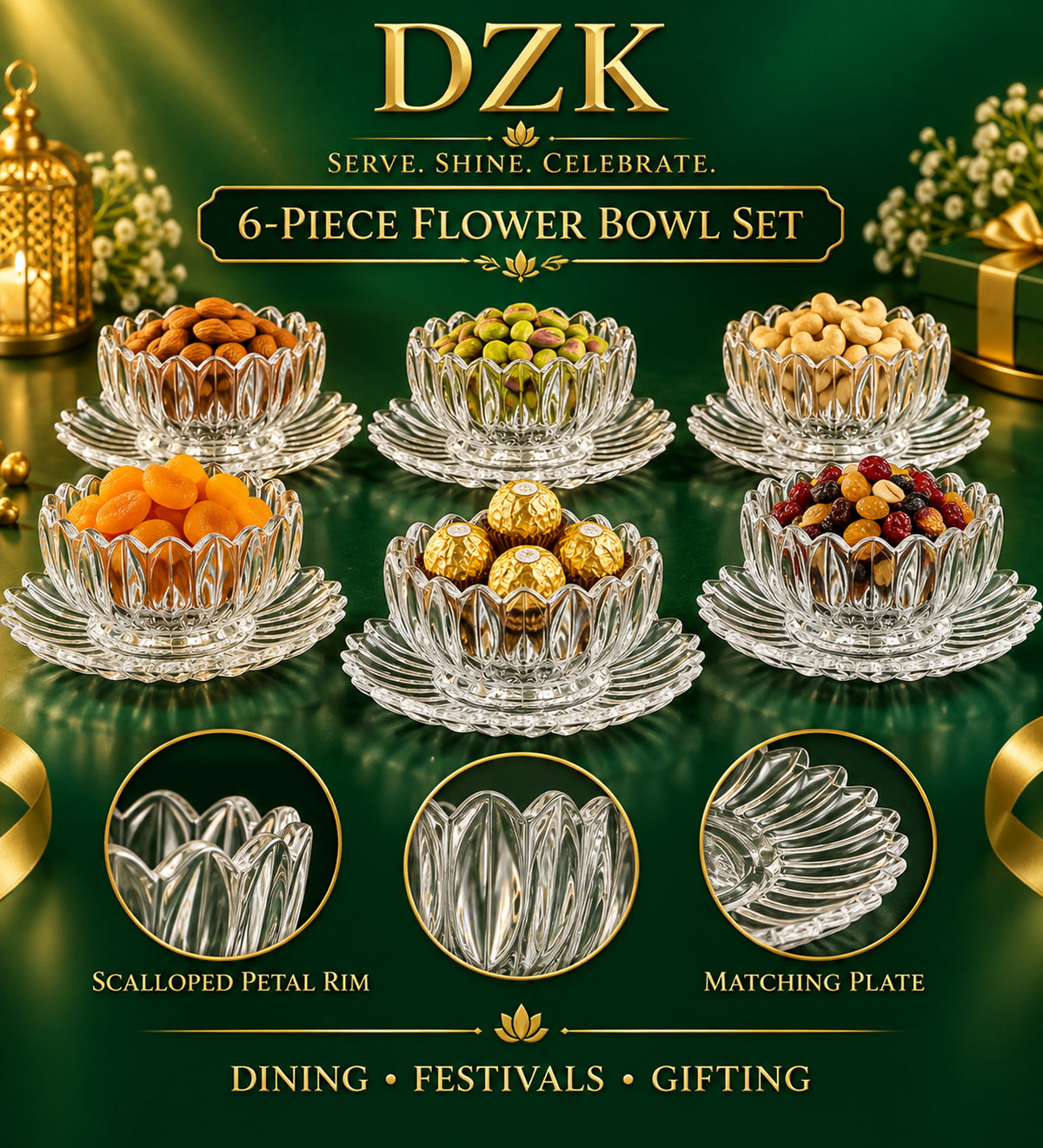 Lotus Design Glass Serving Bowl with Decorative Plate for Dry Fruits & Snacks