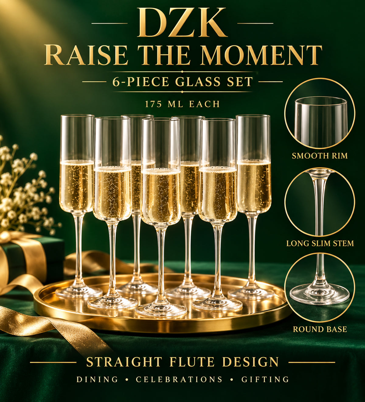 DZK Champagne Flute Glasses Set of 6 - 175 ML Each