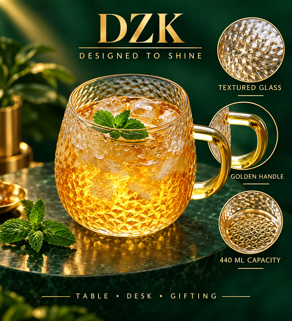 DZK 440 ML Hammered Glass Mug with Elegant Golden Handle