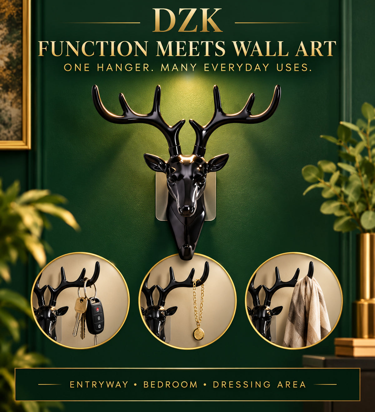 DZK Deer Head Multi-Hook Wall Hanger with Self-Adhesive Mount - Black