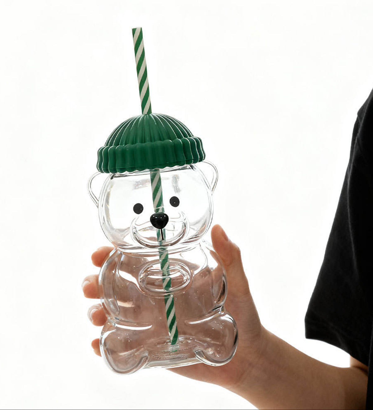 DZK Teddy Bear Glass Coffee Cup with Lid & Straw 580ml