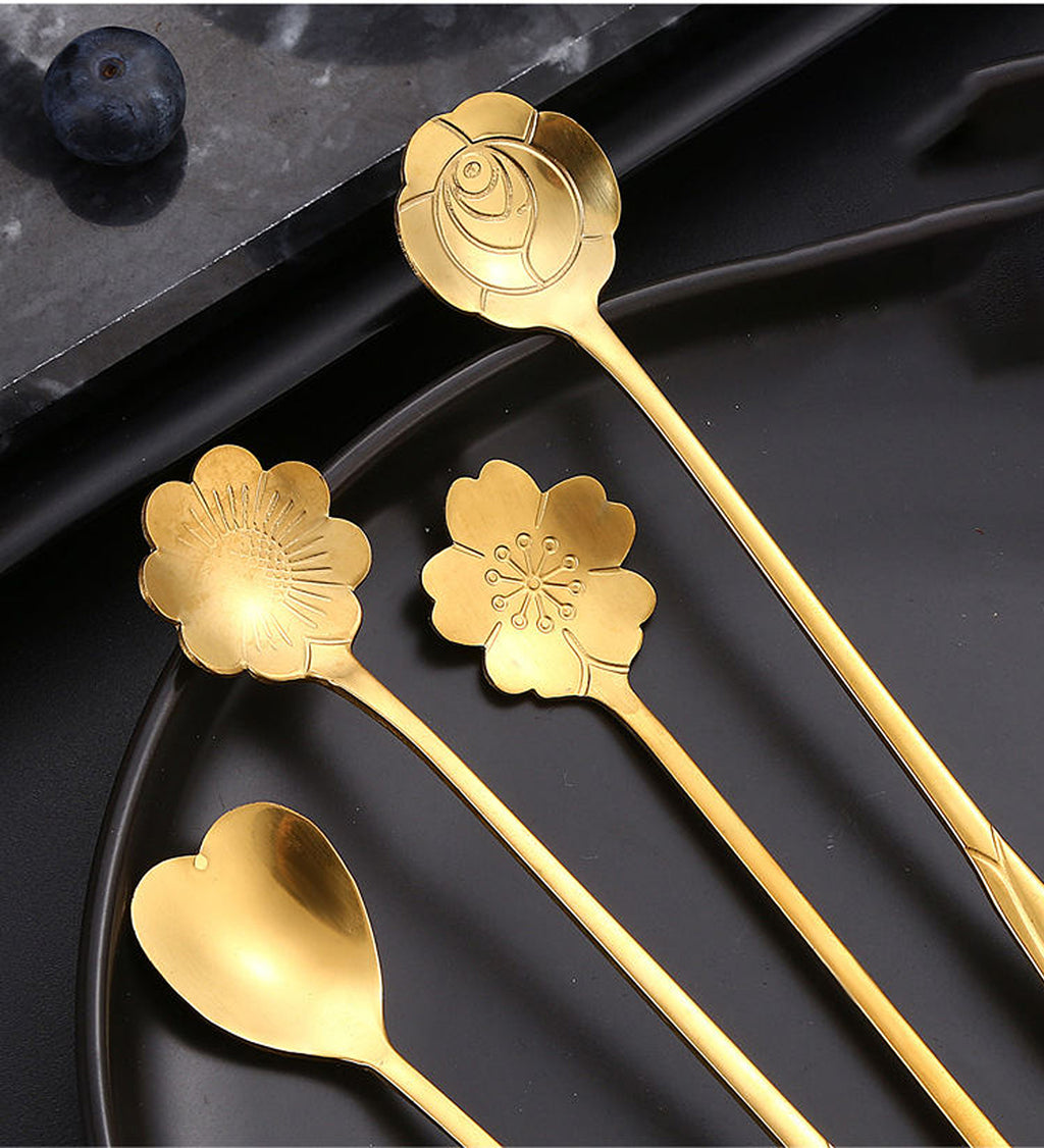 DZK Gold Flower Shape Stainless Steel Dessert & Coffee Spoon Set