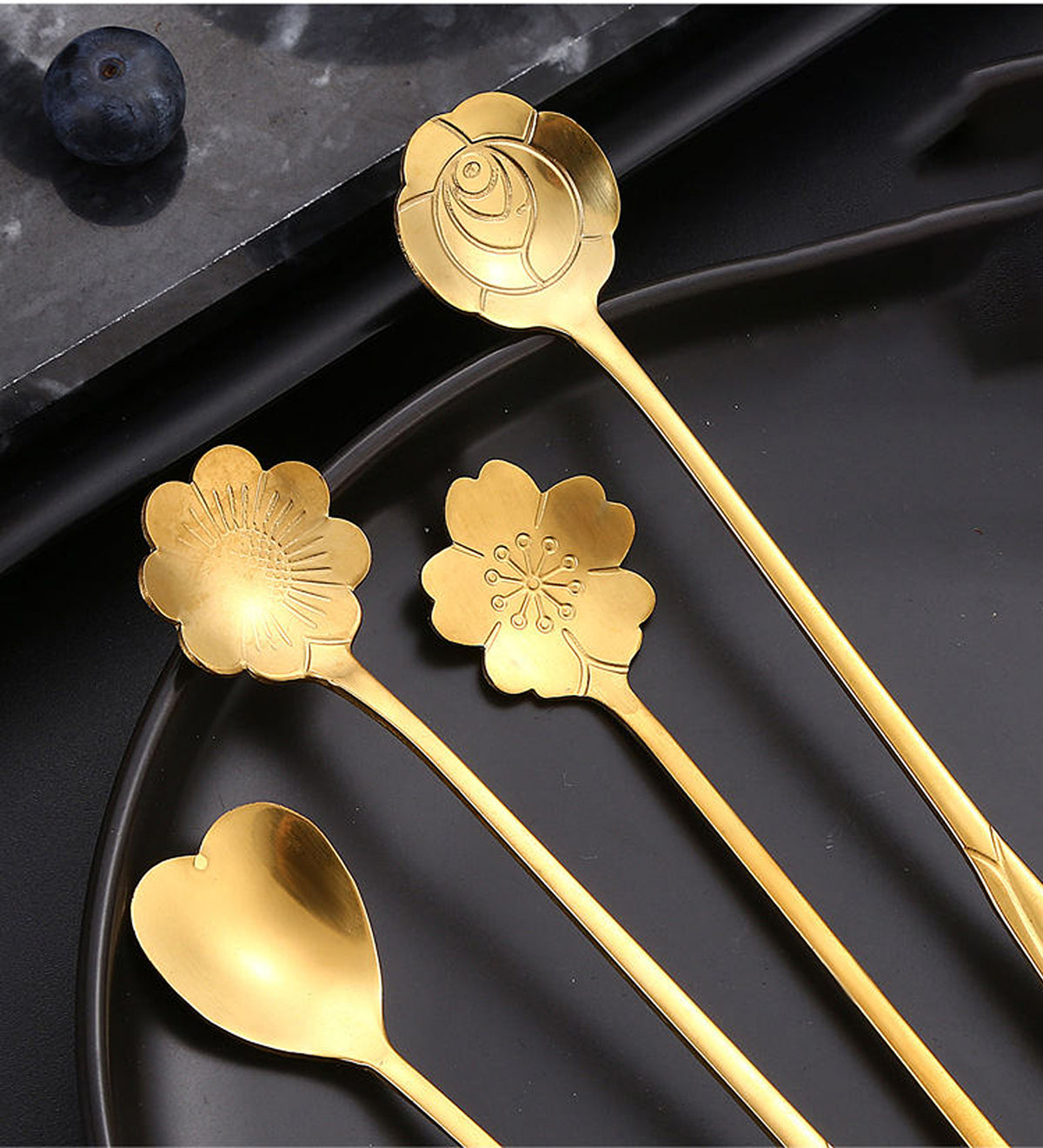 DZK Gold Flower Shape Stainless Steel Dessert & Coffee Spoon Set