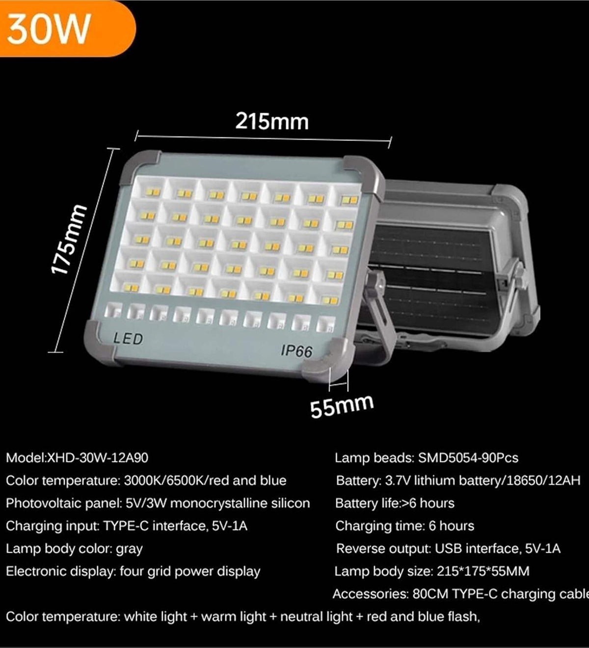 30W Rechargeable Solar LED Camping Light IP66 Portable Emergency Flood Light