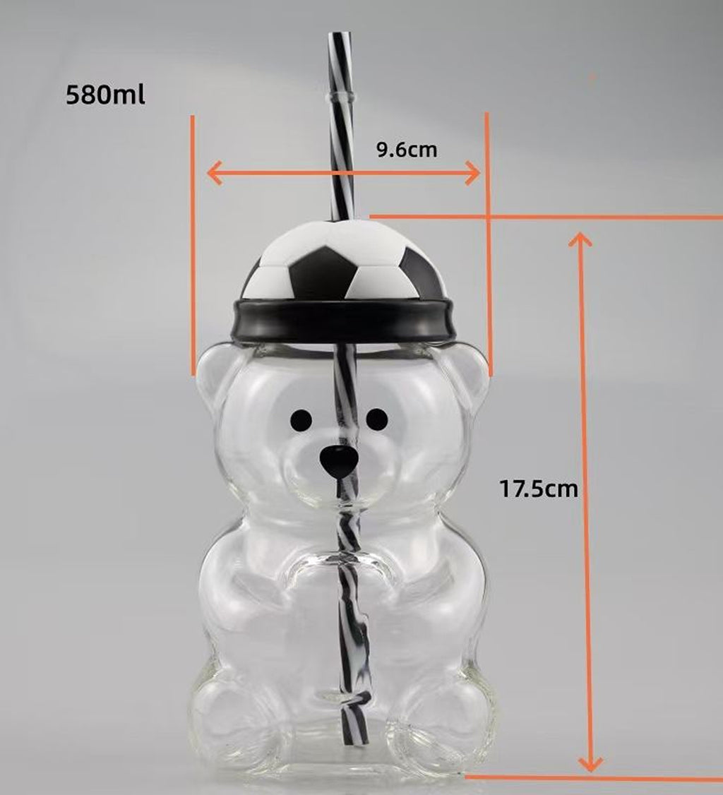 DZK Teddy Bear Glass Coffee Cup with Lid & Straw 580ml