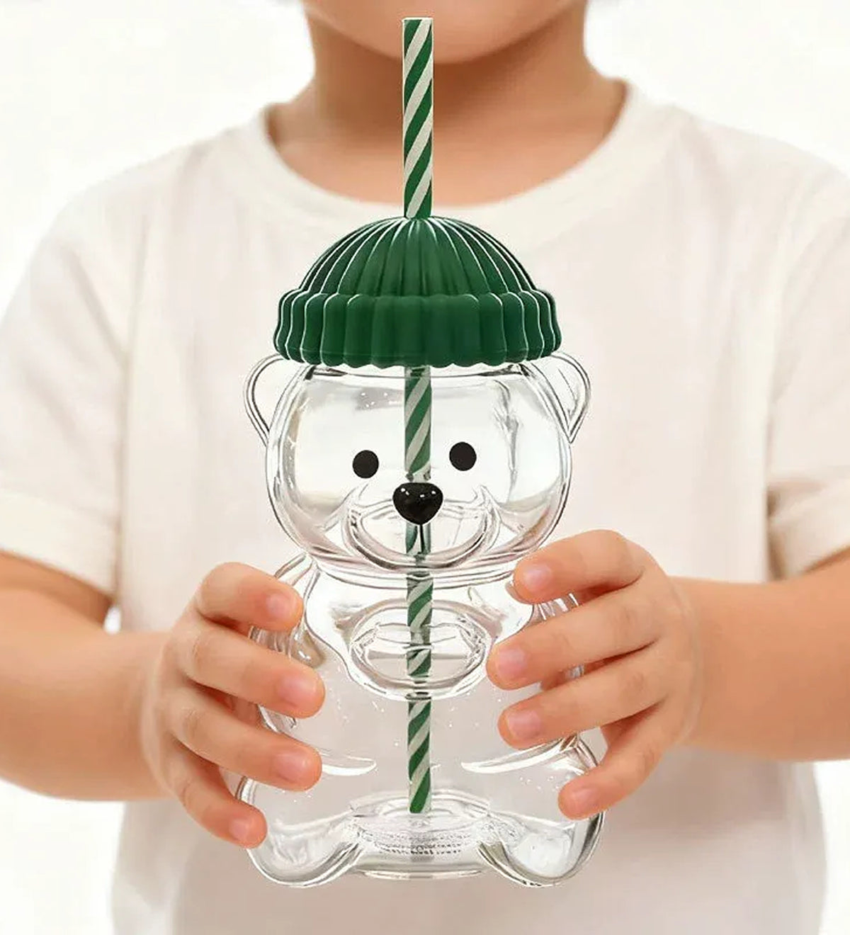 DZK Teddy Bear Glass Coffee Cup with Lid & Straw 580ml