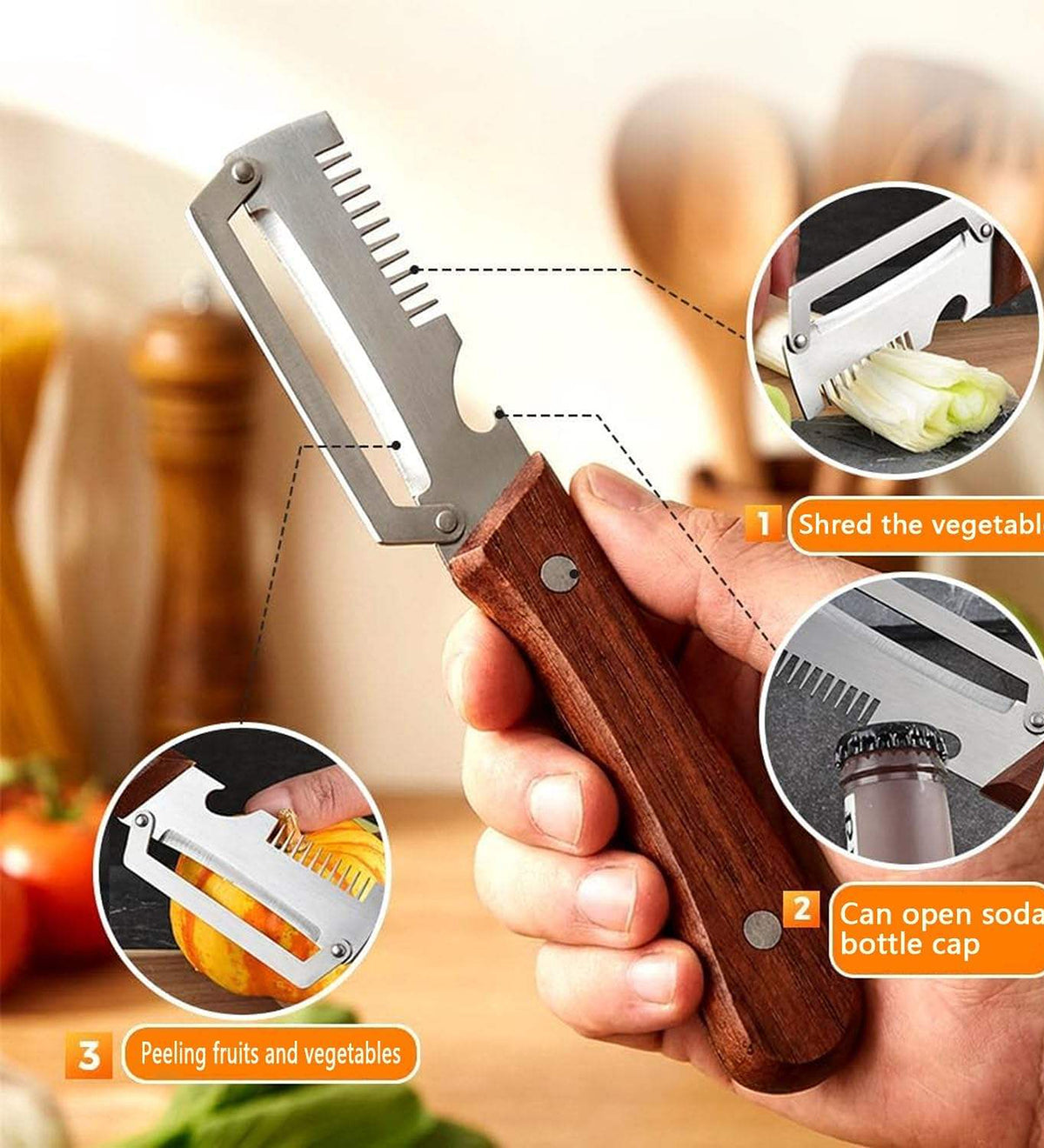 DZK 3 in 1 Stainless Steel Vegetable Peeler with Wooden Handle