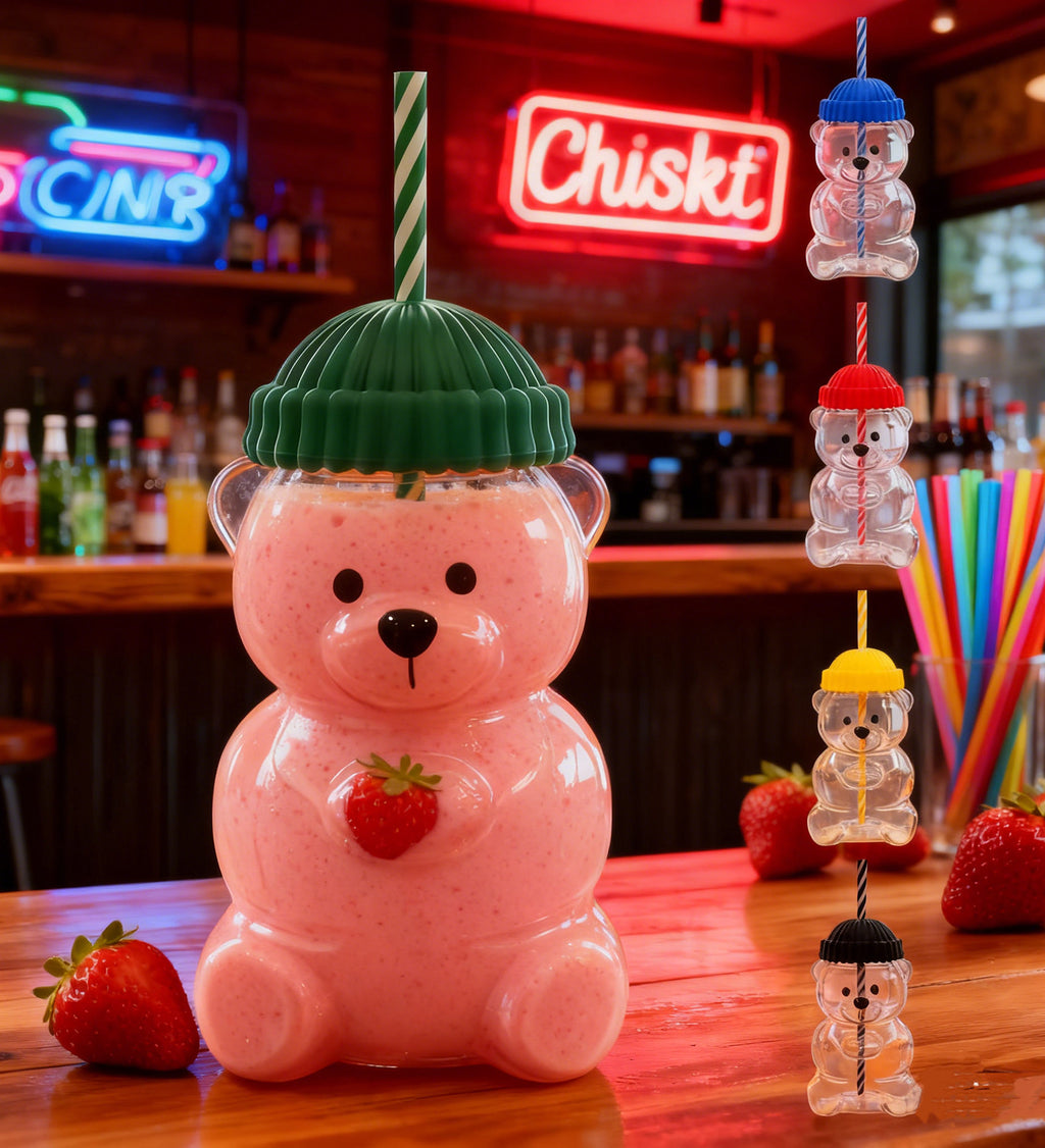 DZK Teddy Bear Glass Coffee Cup with Lid & Straw 580ml