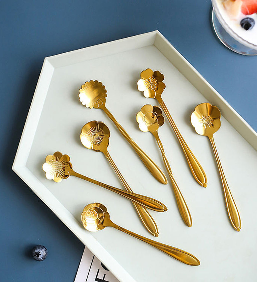DZK Gold Flower Shape Stainless Steel Dessert & Coffee Spoon Set