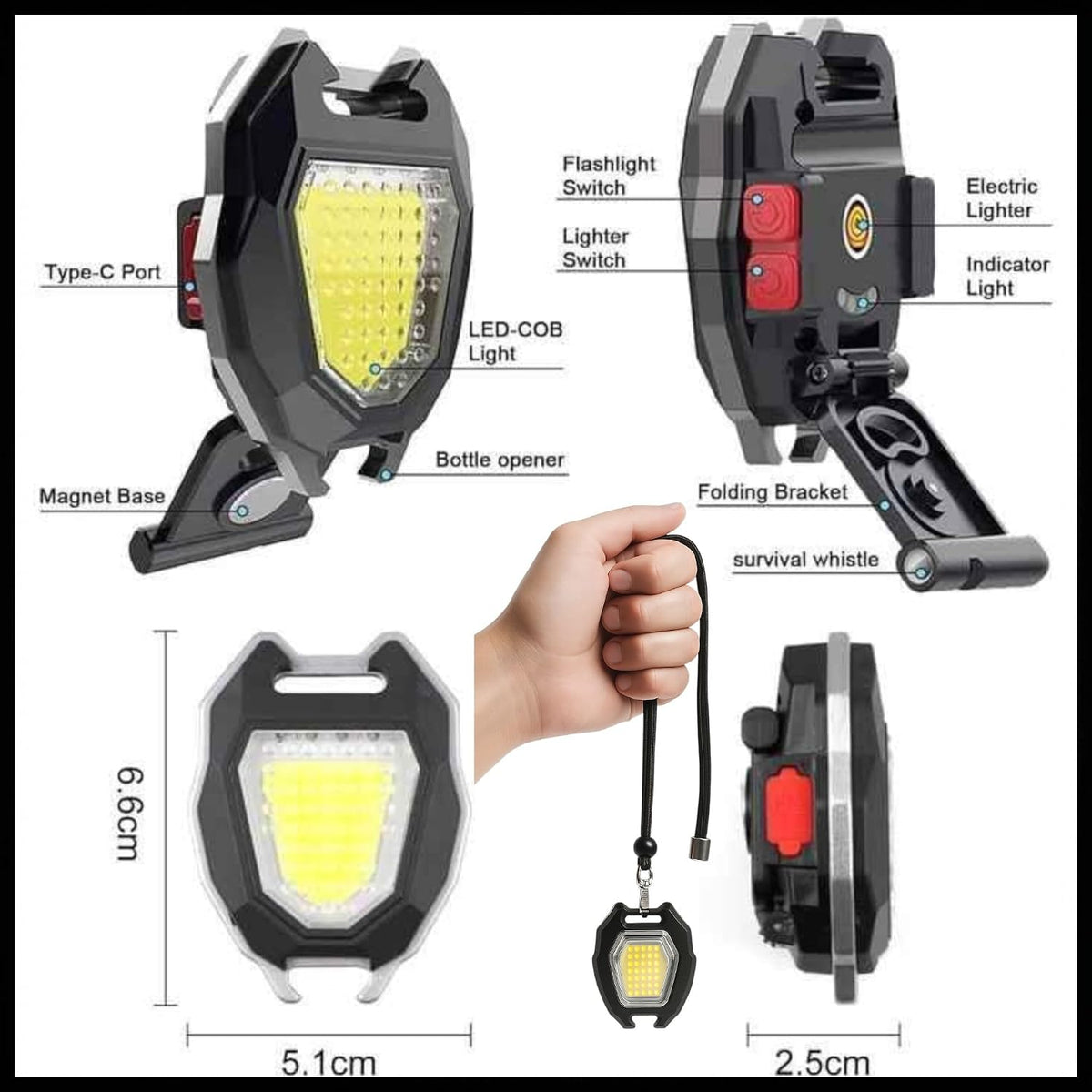 W5144 LED Rechargeable Keychain Light with Lighter, Bottle Opener & Magnet
