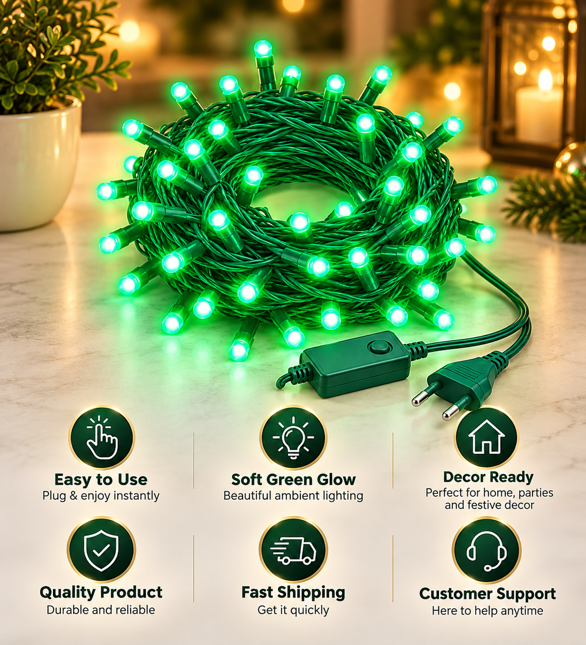 Bright Green LED Fairy String Lights with Plug & Controller for Festival, Home, Christmas & Party Decoration
