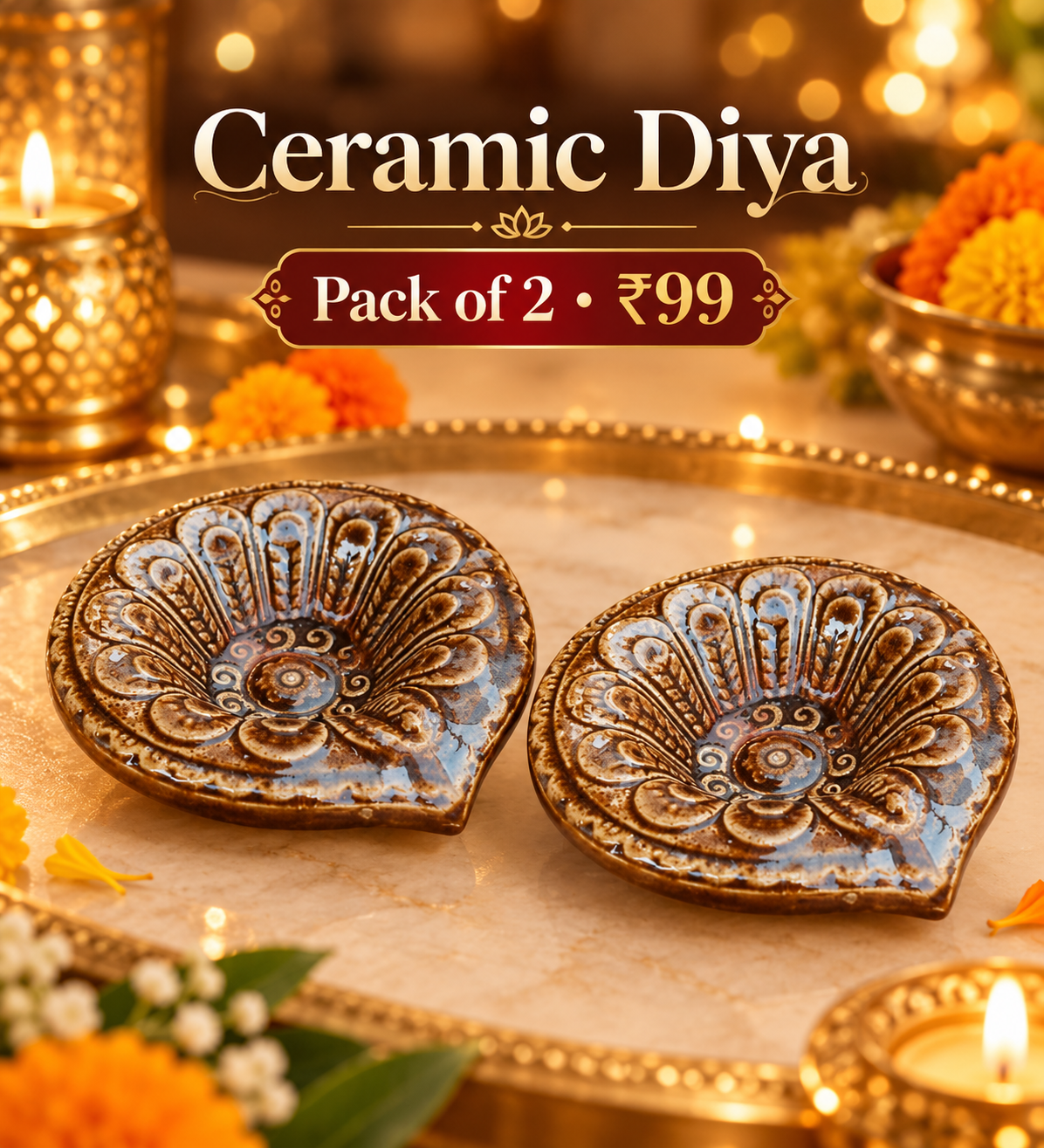 Ceramic Diya for Diwali Decoration - Pack of 2, Glossy Glaze Embossed Design Reusable Oil Lamps for Festive Home Decor