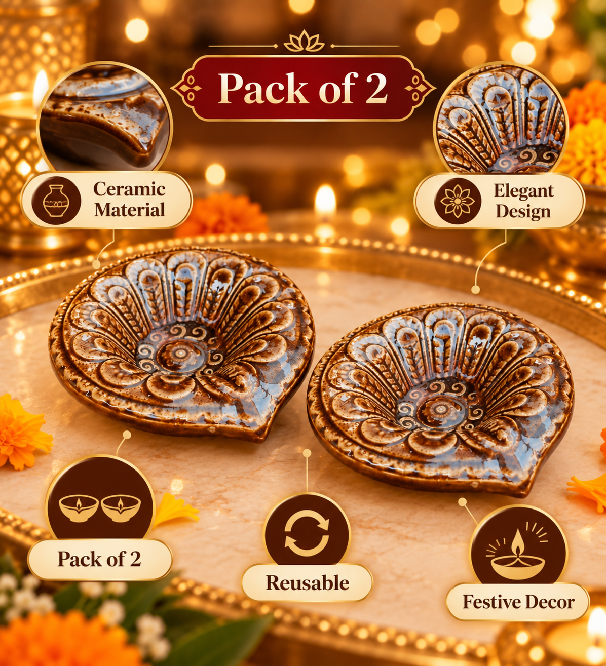 Ceramic Diya for Diwali Decoration - Pack of 2, Glossy Glaze Embossed Design Reusable Oil Lamps for Festive Home Decor