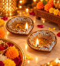 Ceramic Diya for Diwali Decoration - Pack of 2, Glossy Glaze Embossed Design Reusable Oil Lamps for Festive Home Decor