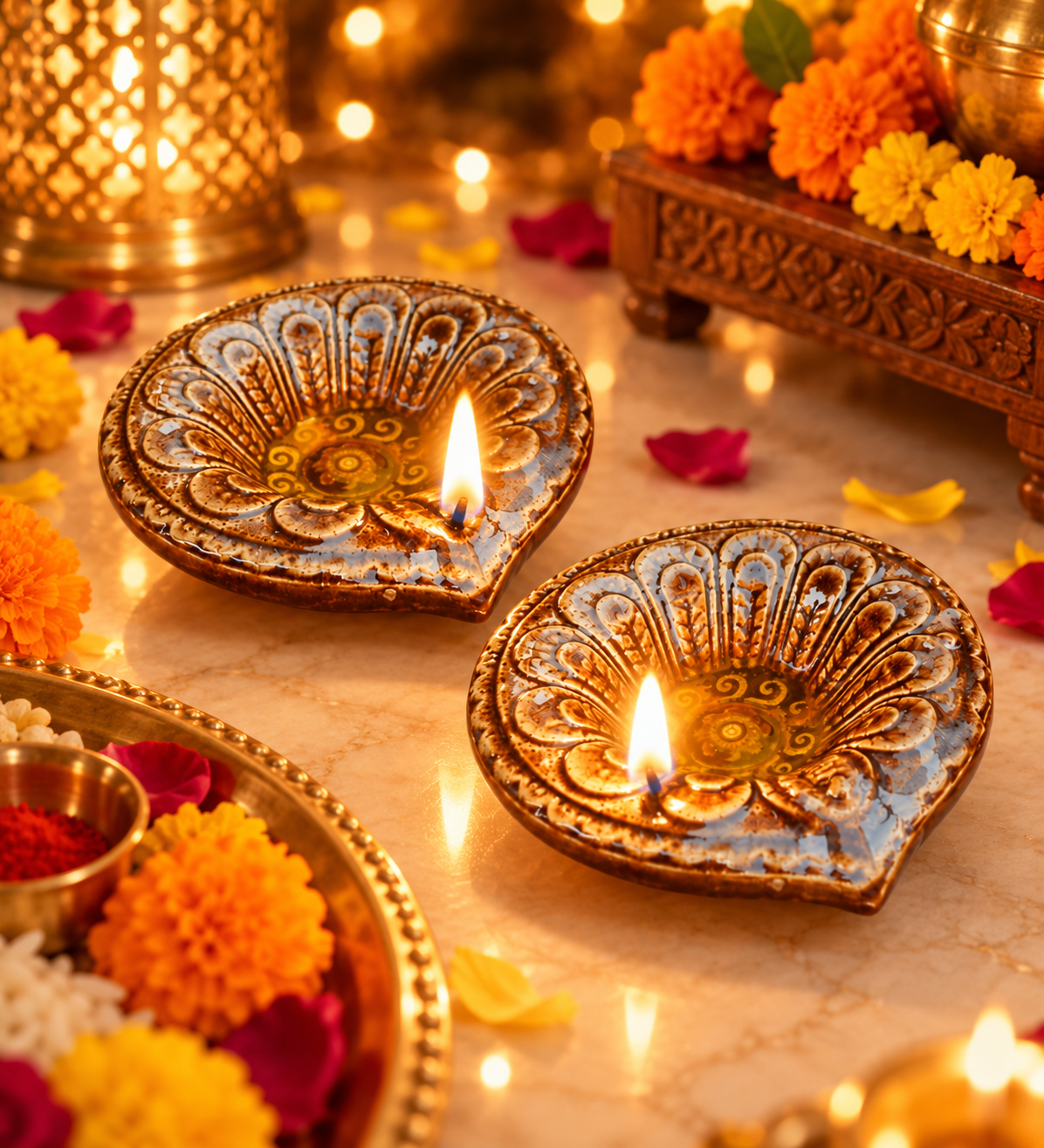 Ceramic Diya for Diwali Decoration - Pack of 2, Glossy Glaze Embossed Design Reusable Oil Lamps for Festive Home Decor