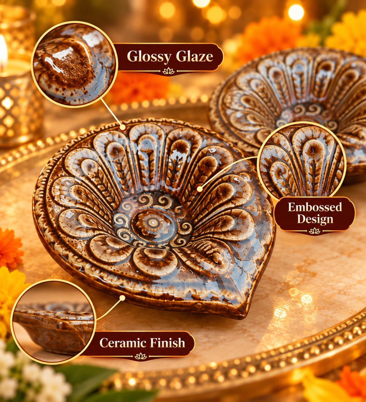 Ceramic Diya for Diwali Decoration - Pack of 2, Glossy Glaze Embossed Design Reusable Oil Lamps for Festive Home Decor