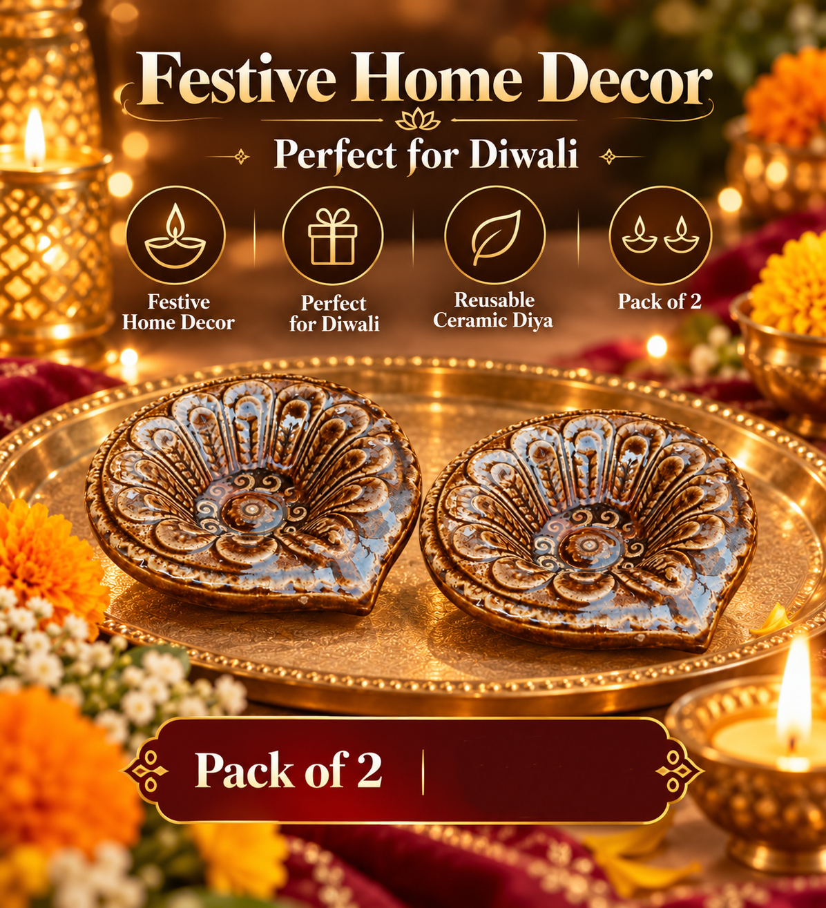 Ceramic Diya for Diwali Decoration - Pack of 2, Glossy Glaze Embossed Design Reusable Oil Lamps for Festive Home Decor